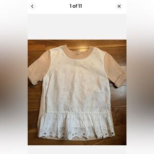 J. CREW White Eyelet and Blush Pink PEPLUM SWEATER Size XXS